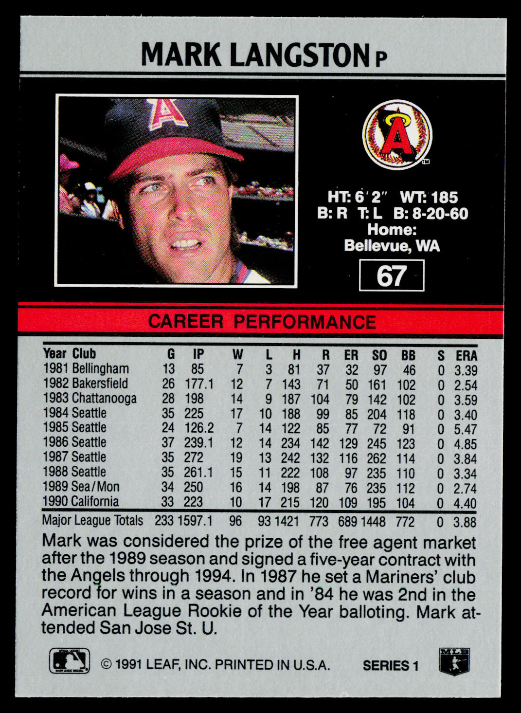 Mark Langston 1991 Leaf #67 California Angels