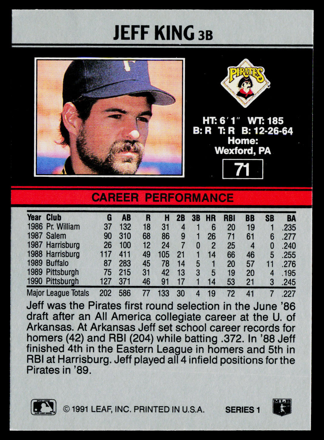 Jeff King 1991 Leaf #71 Pittsburgh Pirates