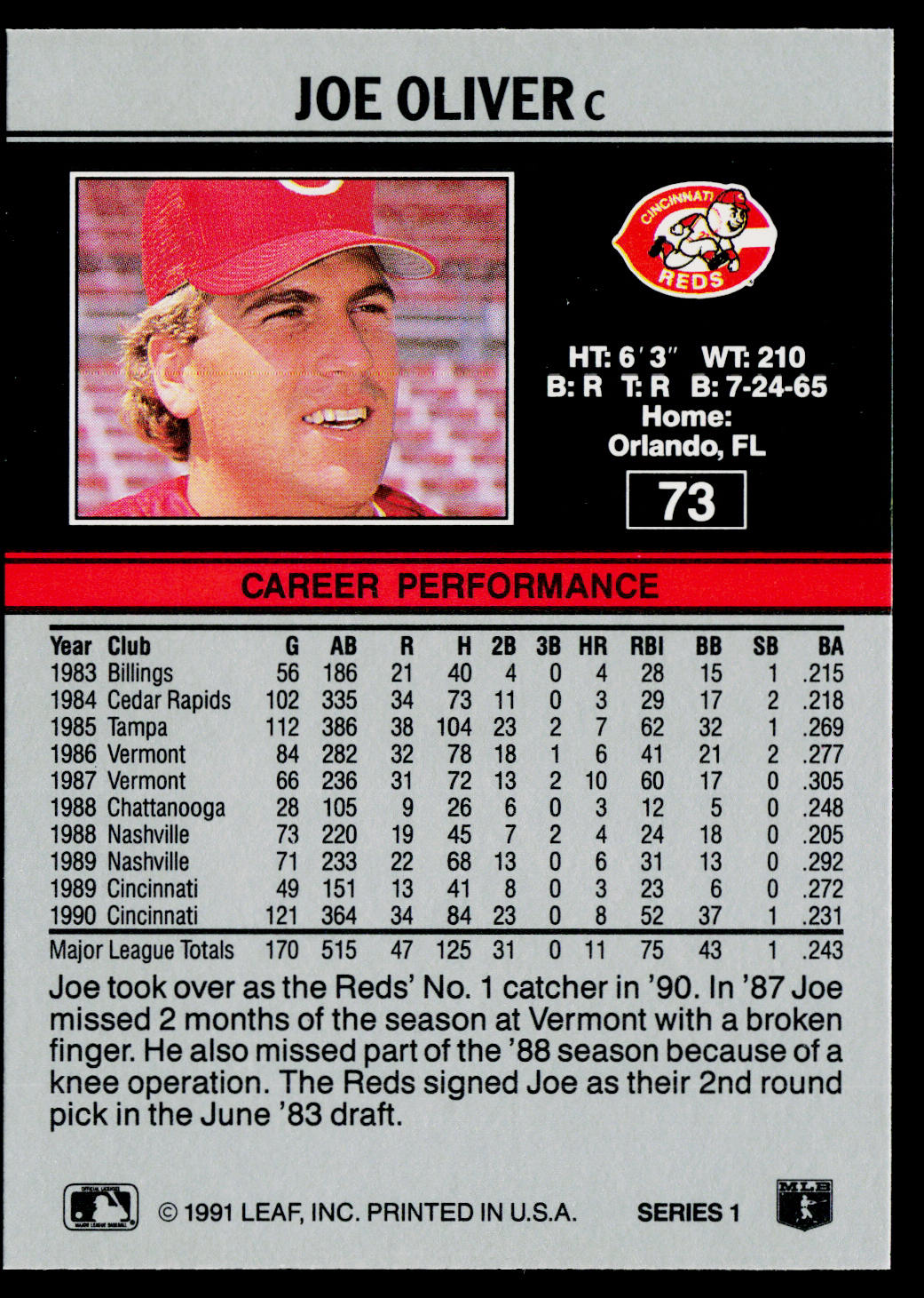 Joe Oliver 1991 Leaf #73 Cincinnati Reds