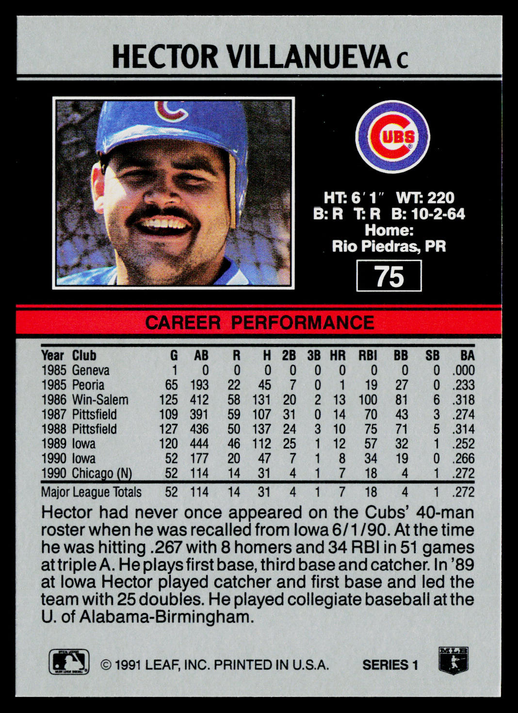 Hector Villanueva 1991 Leaf #75 Chicago Cubs