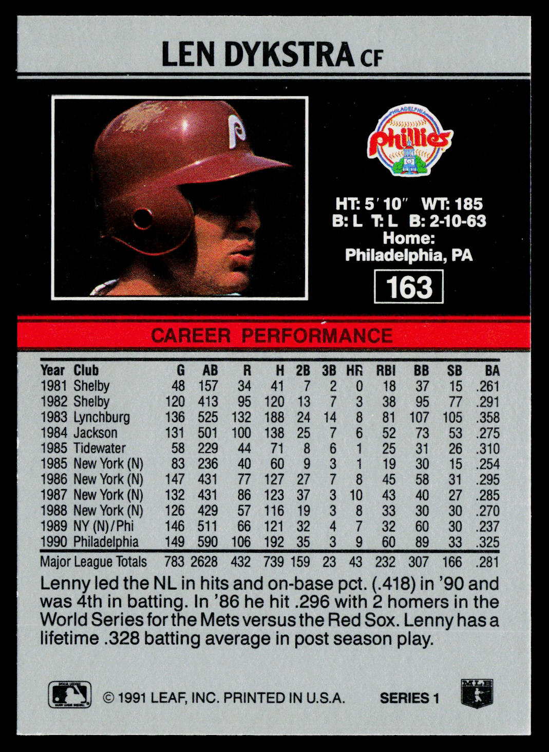 Len Dykstra 1991 Leaf #163 Philadelphia Phillies