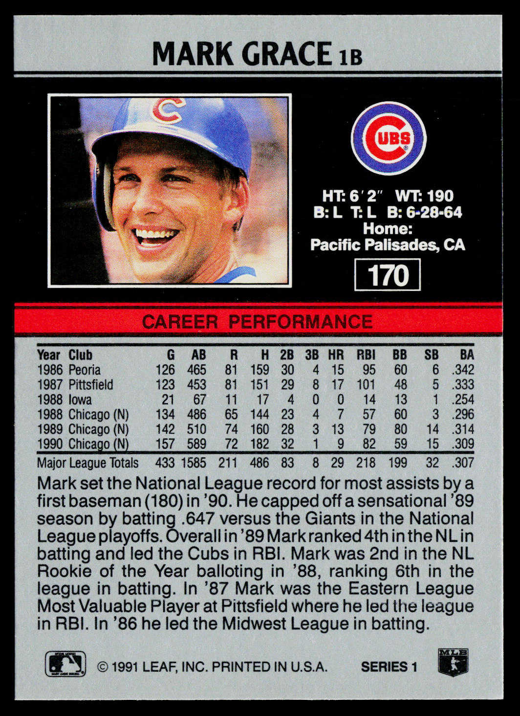 Mark Grace 1991 Leaf #170 Chicago Cubs