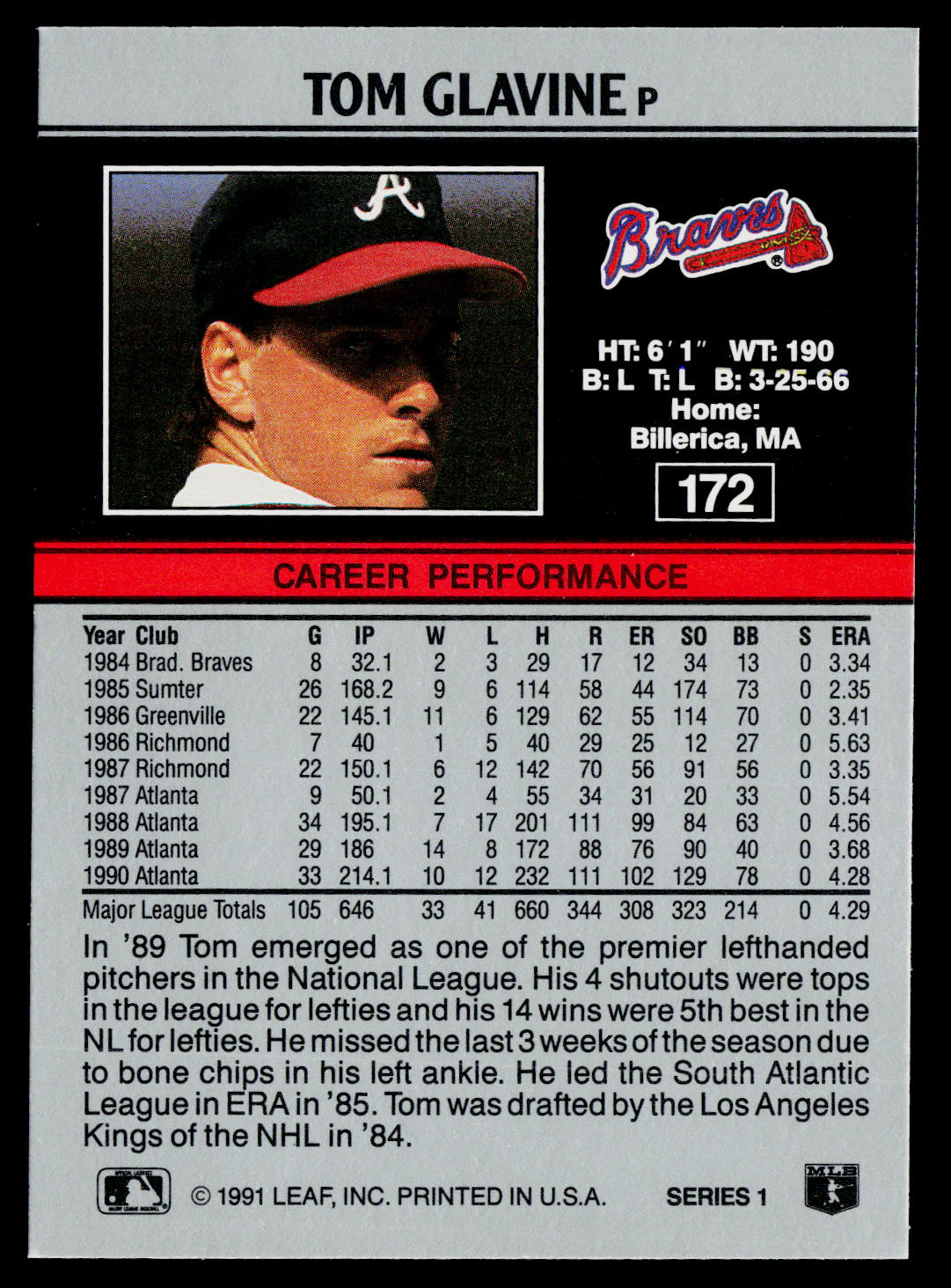 Tom Glavine 1991 Leaf #172 Atlanta Braves