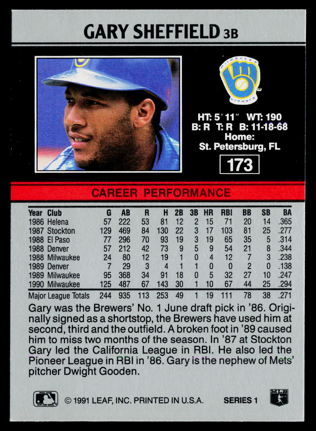 Gary Sheffield 1991 Leaf #173 Milwaukee Brewers