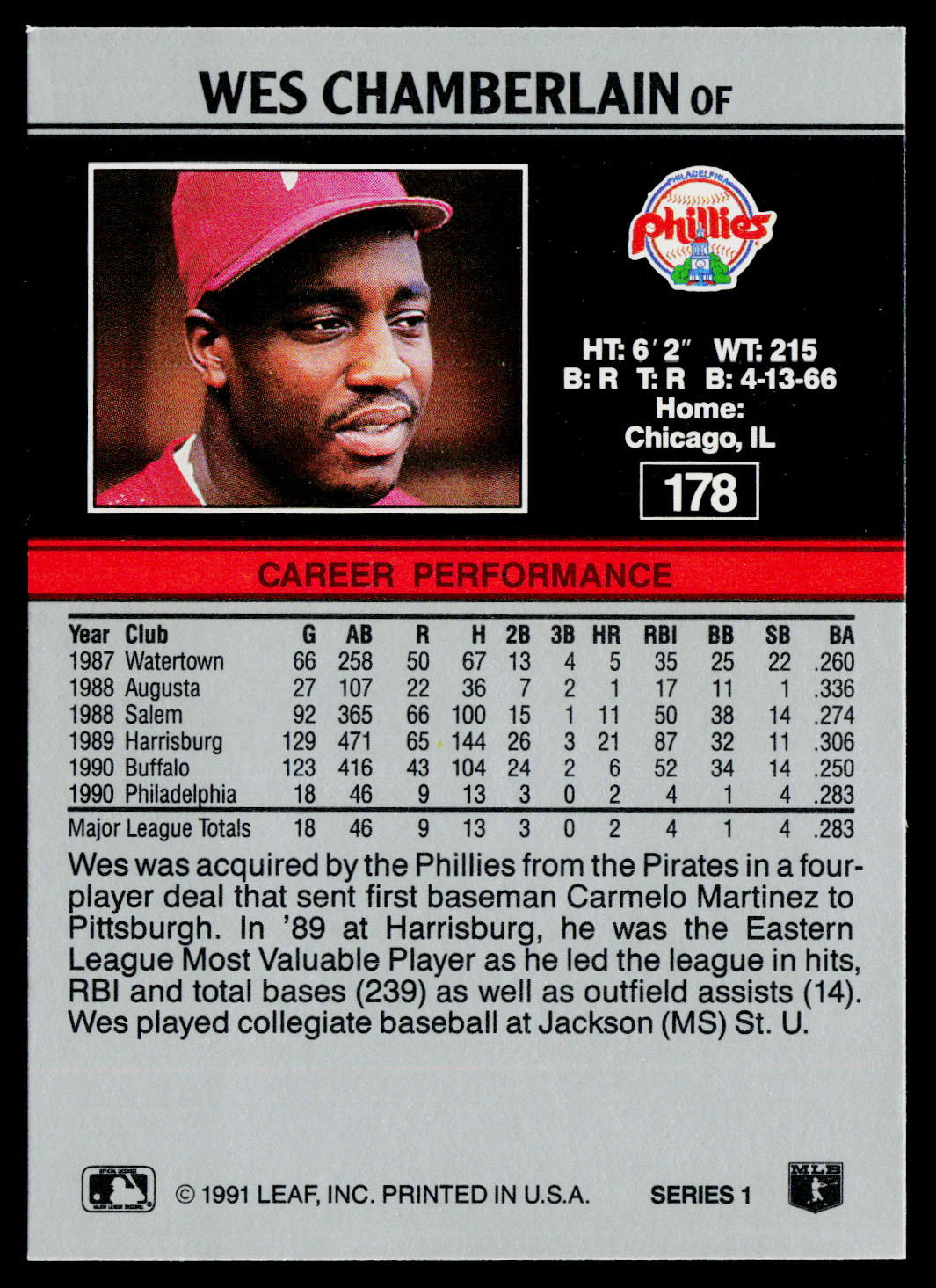 Wes Chamberlain 1991 Leaf #178 RC Philadelphia Phillies