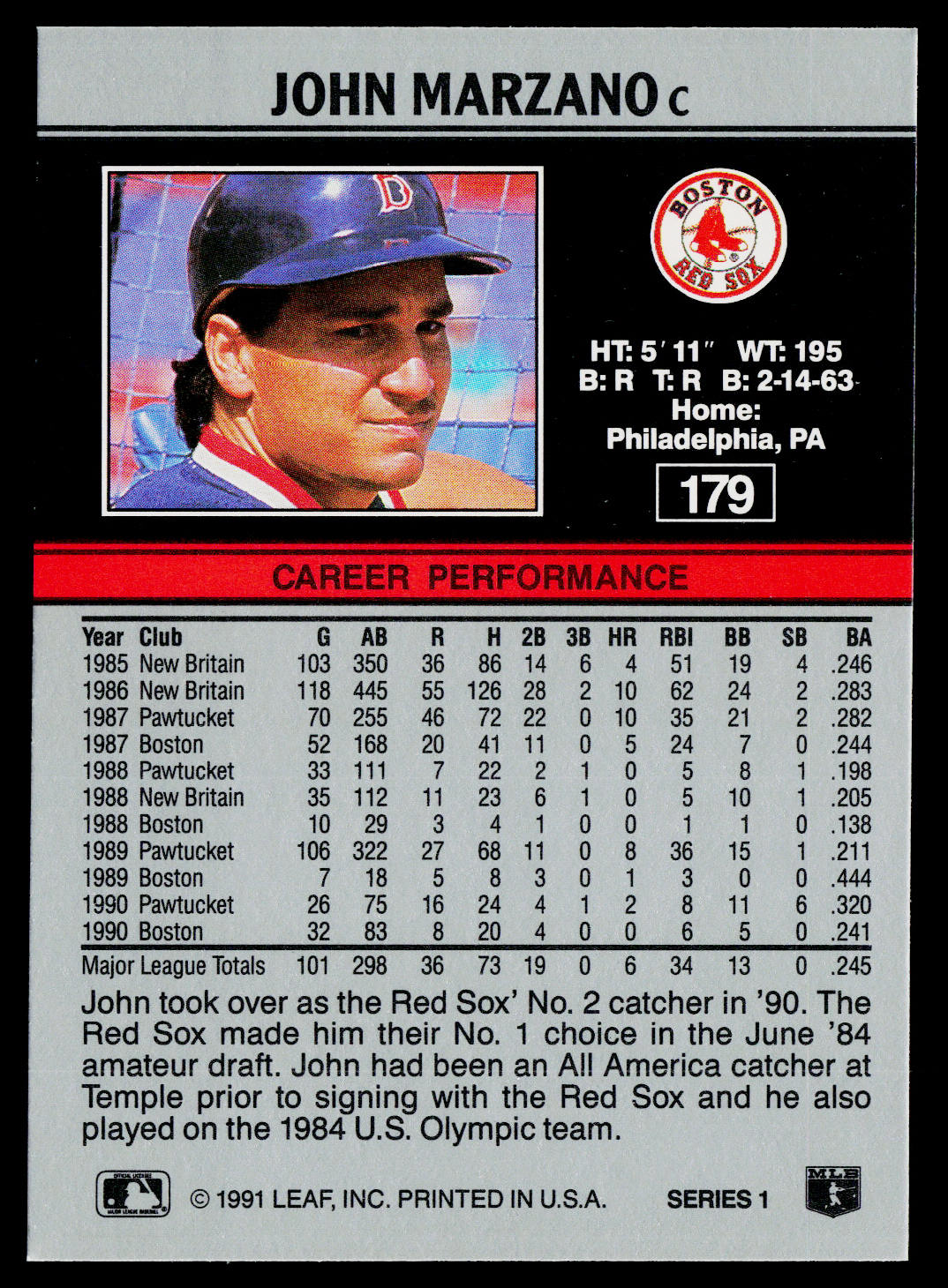 John Marzano 1991 Leaf #179 Boston Red Sox