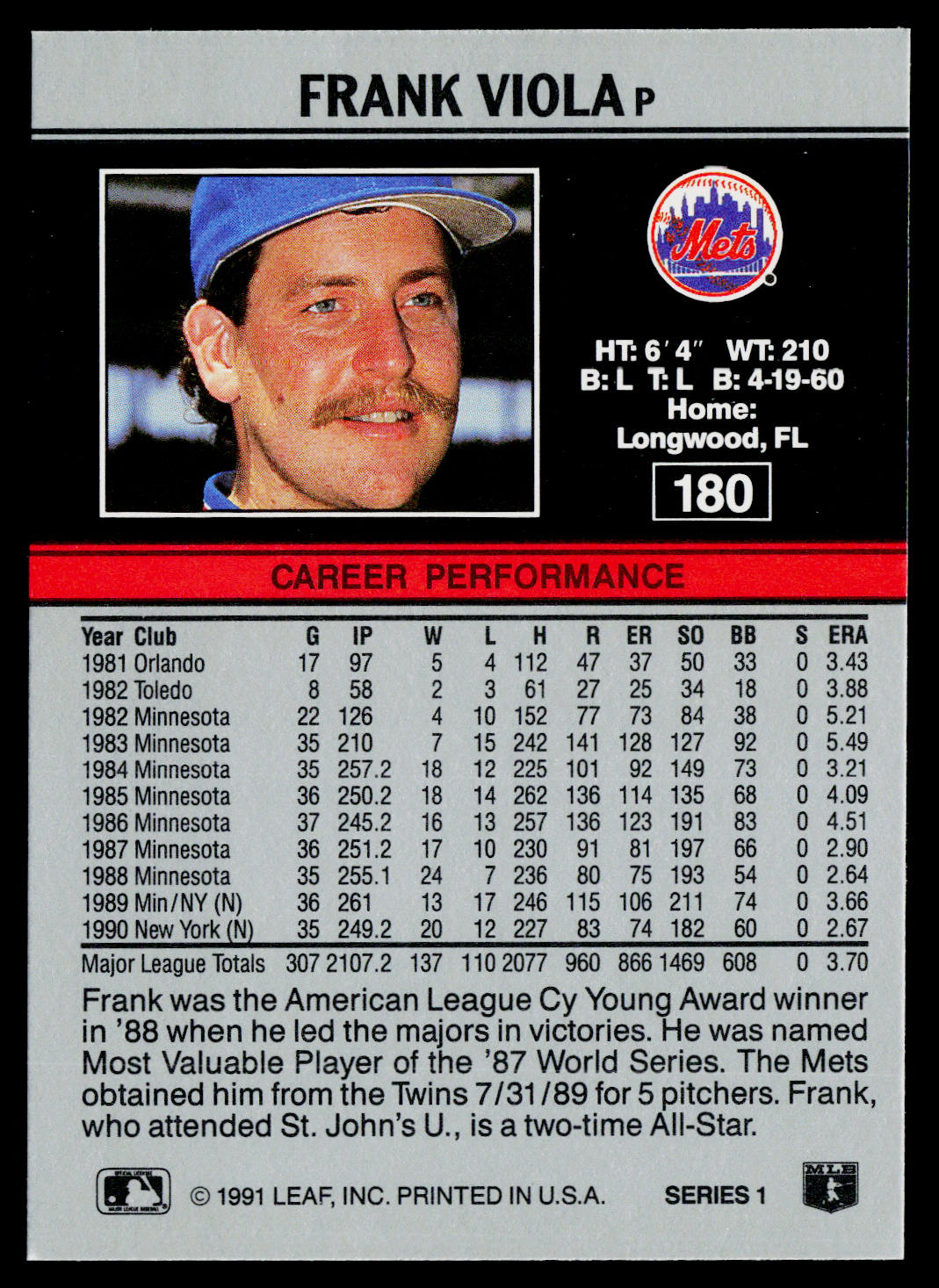 Frank Viola 1991 Leaf #180 New York Mets