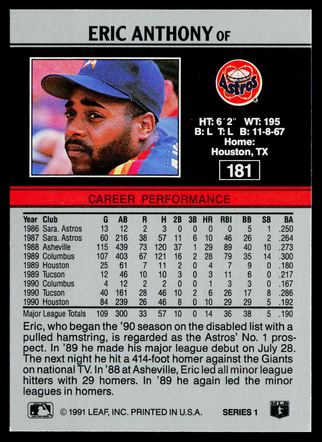 Eric Anthony 1991 Leaf #181 Houston Astros