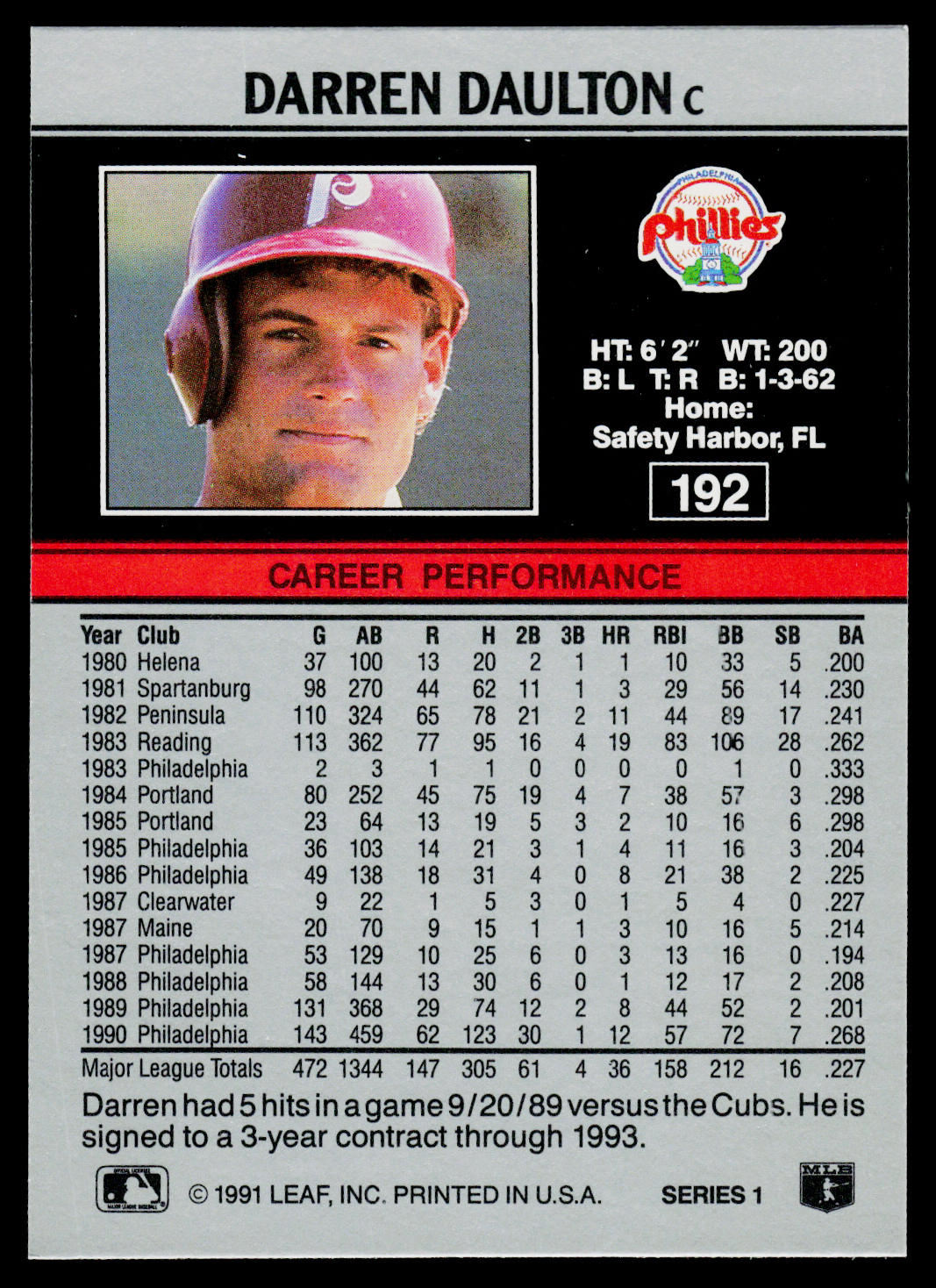 Darren Daulton 1991 Leaf #192 Philadelphia Phillies