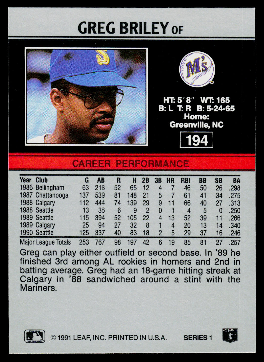 Greg Briley 1991 Leaf #194 Seattle Mariners