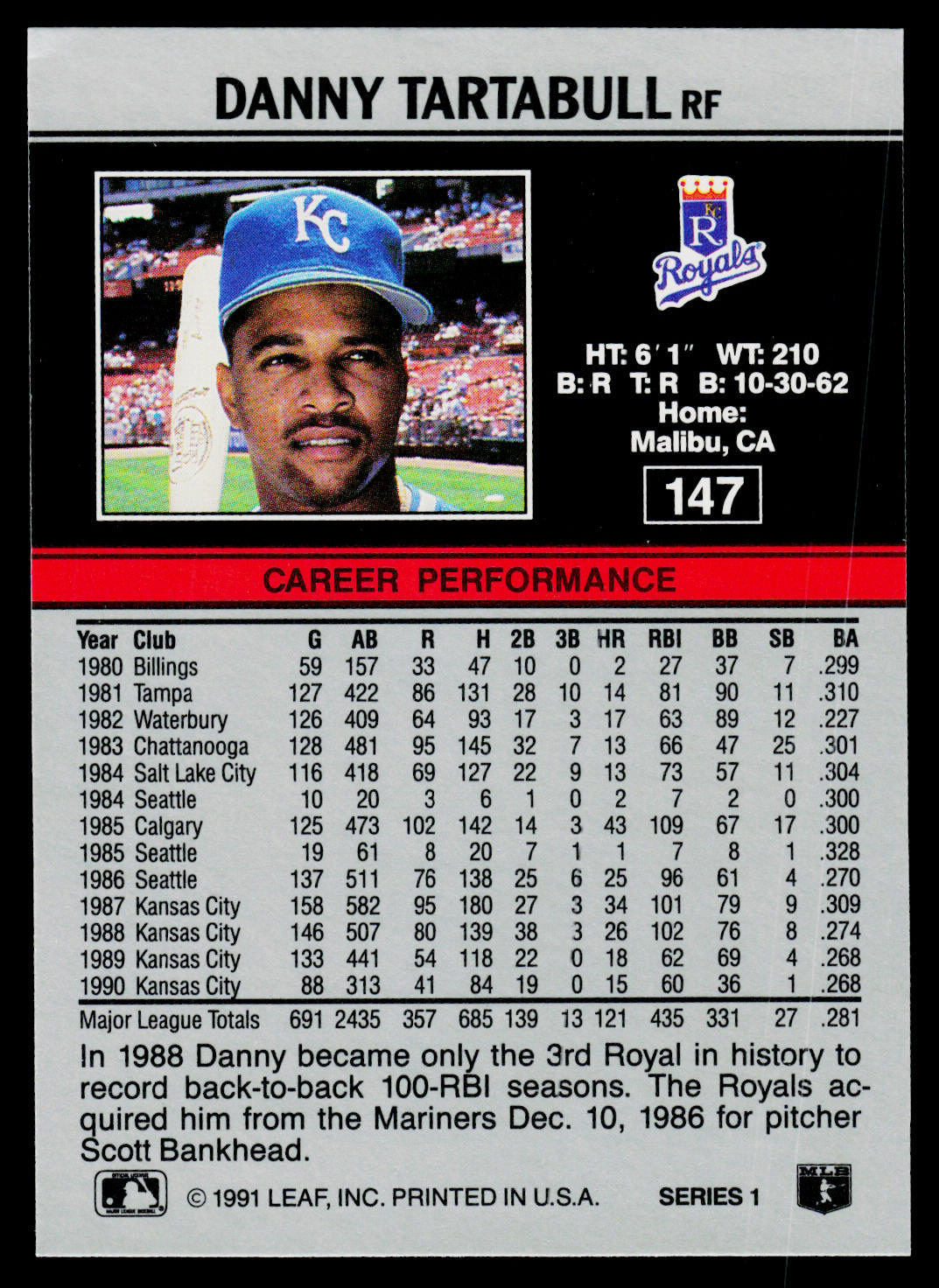 Danny Tartabull 1991 Leaf #147 Kansas City Royals
