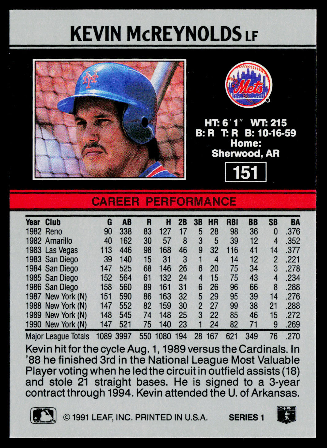 Kevin McReynolds 1991 Leaf #151 New York Mets