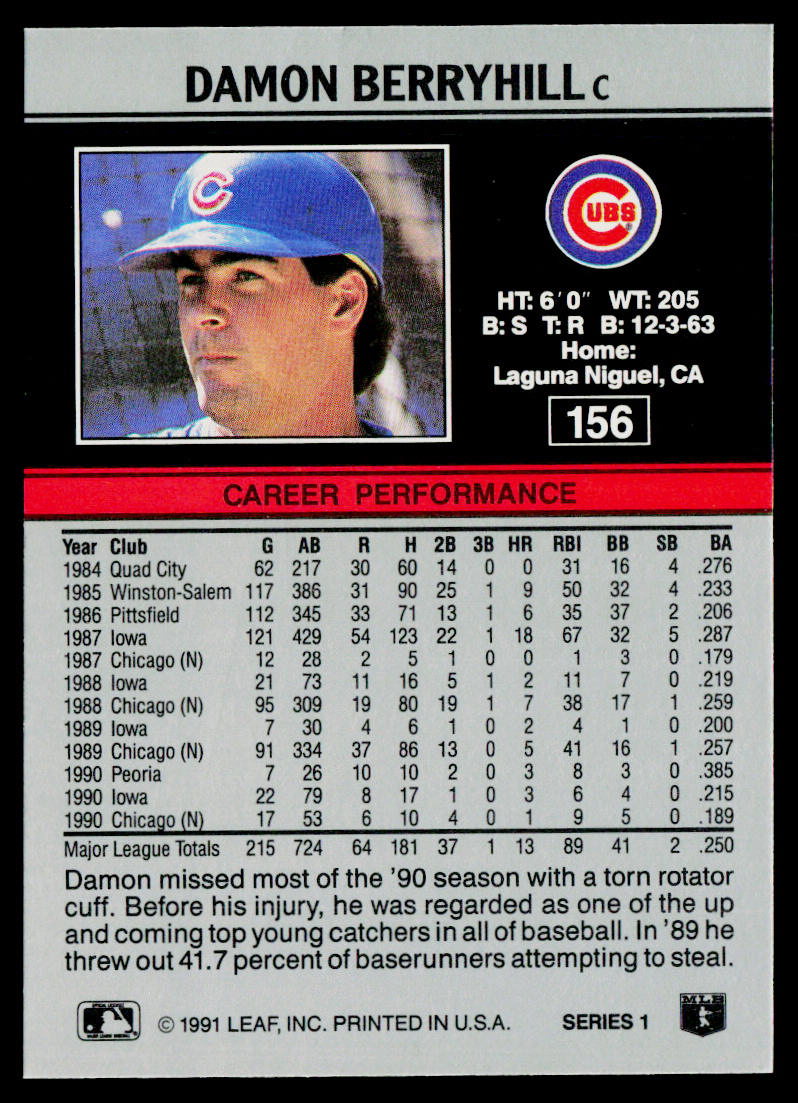 Damon Berryhill 1991 Leaf #156 Chicago Cubs
