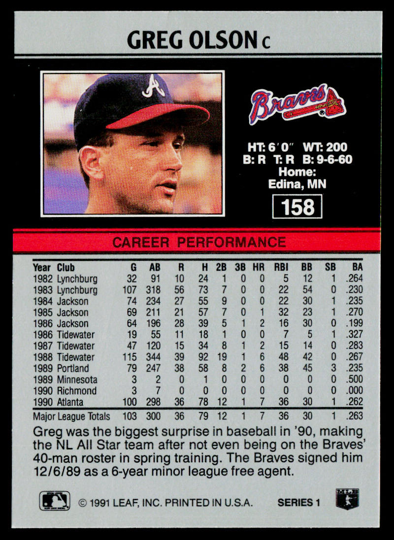 Greg Olson 1991 Leaf #158 Atlanta Braves