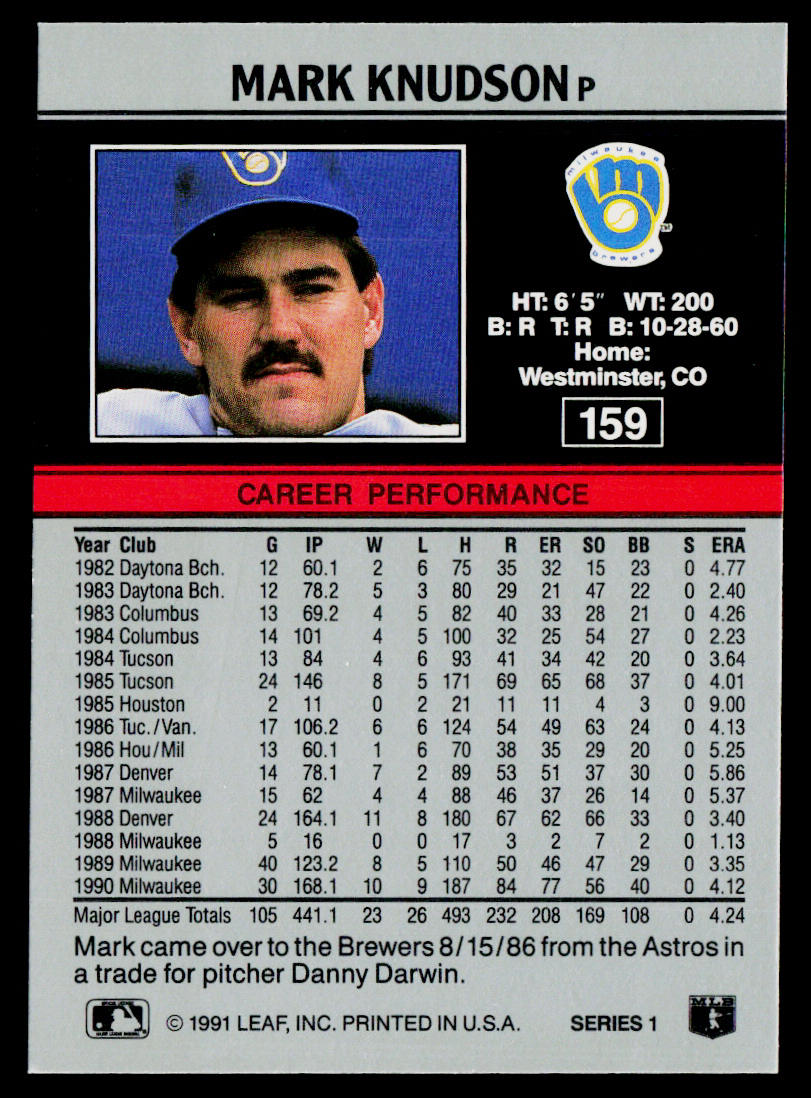 Mark Knudson 1991 Leaf #159 Milwaukee Brewers