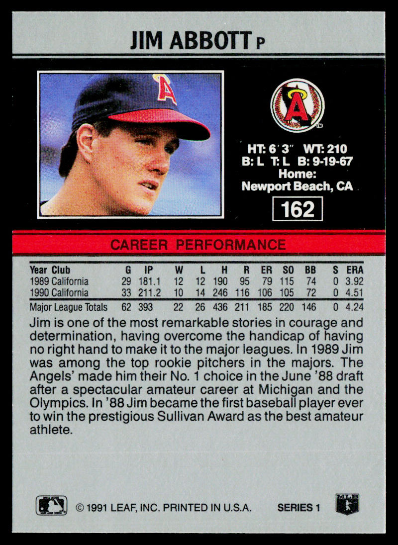 Jim Abbott 1991 Leaf #162 California Angels
