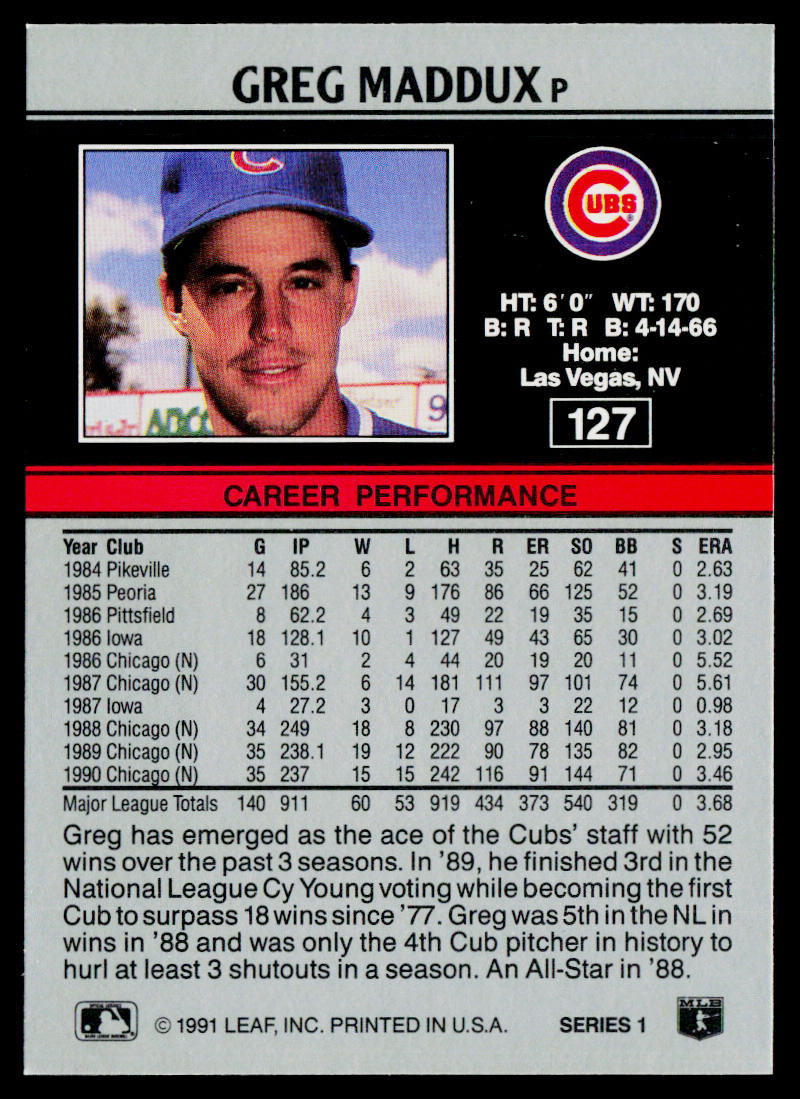 Greg Maddux 1991 Leaf #127 Chicago Cubs