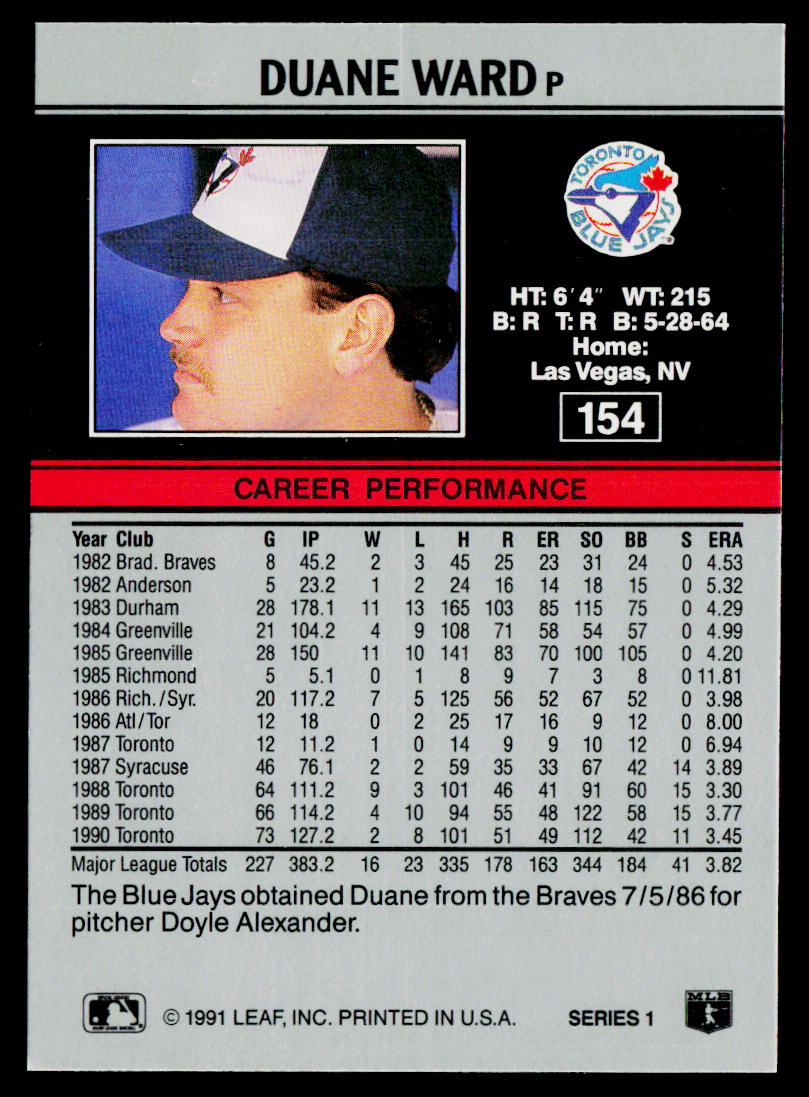 Duane Ward 1991 Leaf #154 Toronto Blue Jays