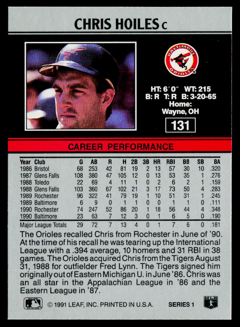 Chris Hoiles 1991 Leaf #131 Baltimore Orioles