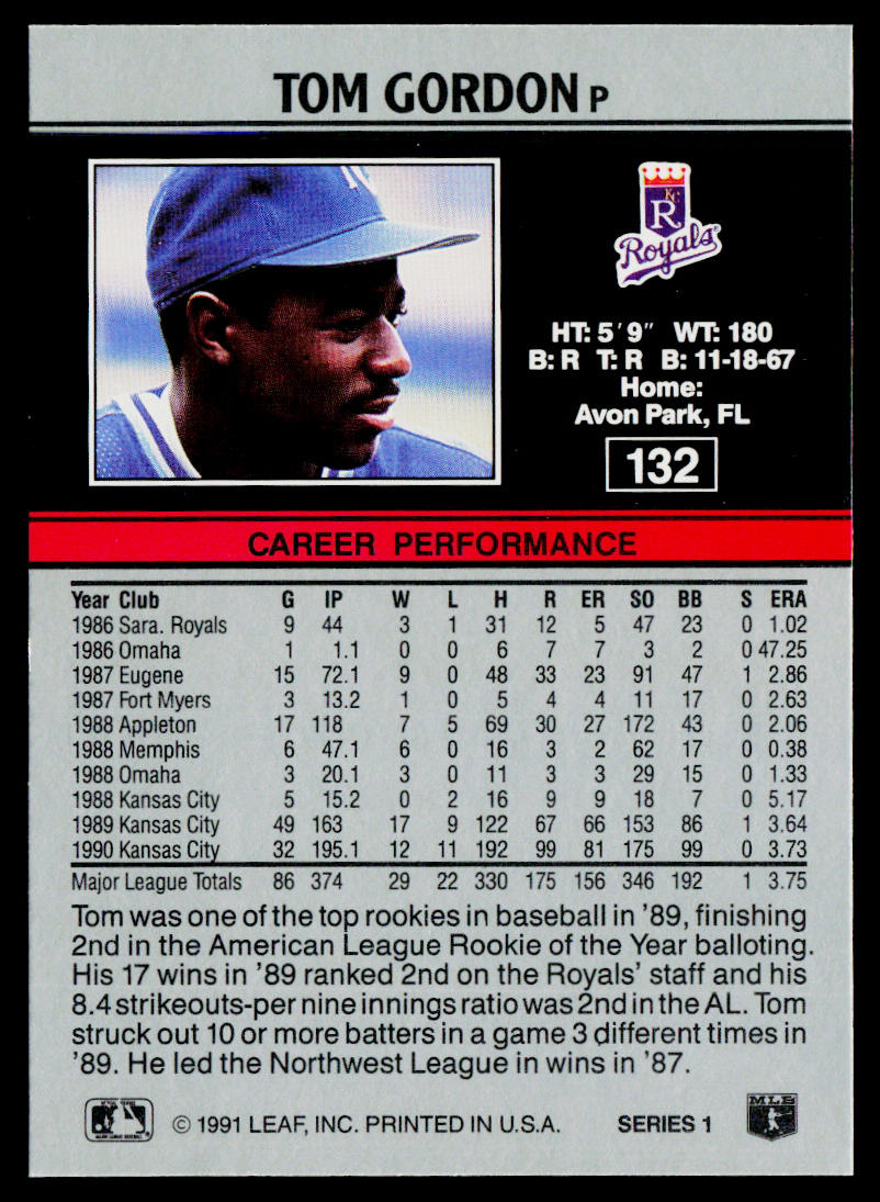 Tom Gordon 1991 Leaf #132 Kansas City Royals