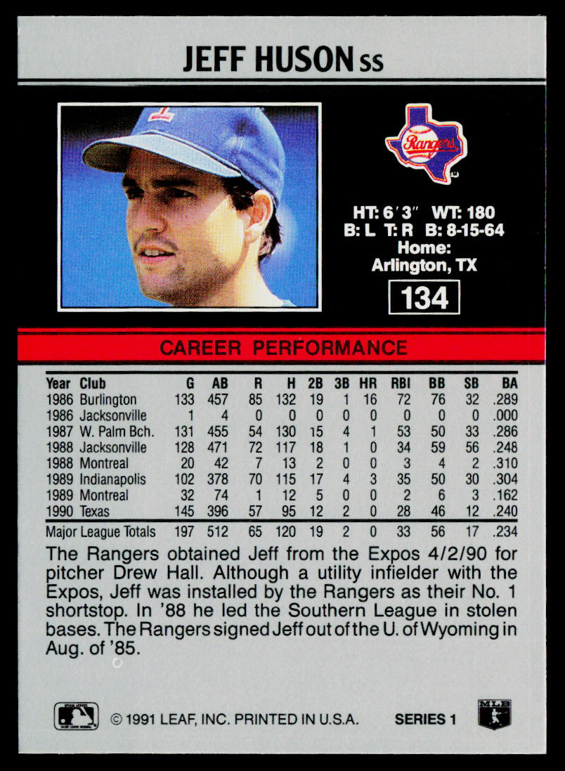 Jeff Huson 1991 Leaf #134 Texas Rangers