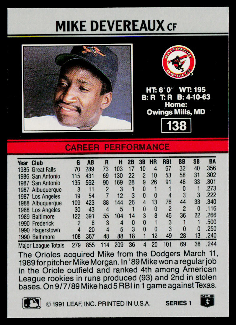 Mike Devereaux 1991 Leaf #138 Baltimore Orioles