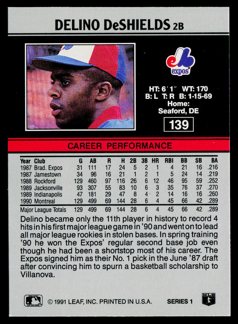Delino DeShields 1991 Leaf #139 Montreal Expos