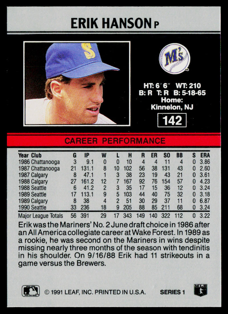 Erik Hanson 1991 Leaf #142 Seattle Mariners