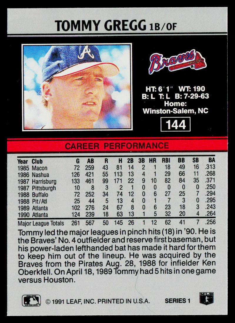 Tommy Gregg 1991 Leaf #144 Atlanta Braves