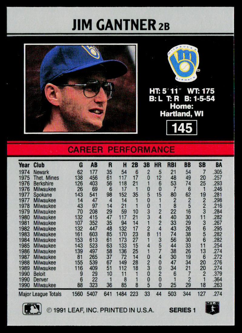 Jim Gantner 1991 Leaf #145 Milwaukee Brewers