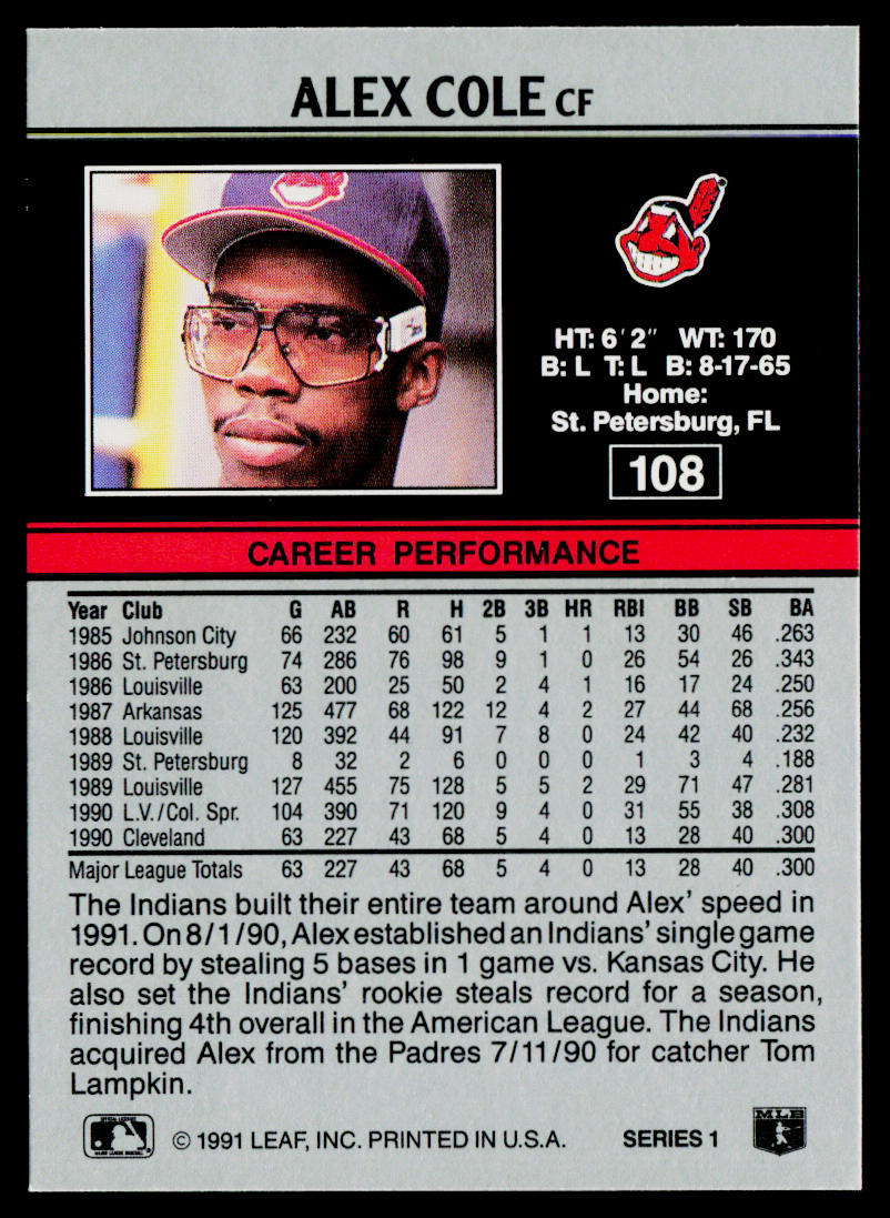 Alex Cole 1991 Leaf #108 Cleveland Indians