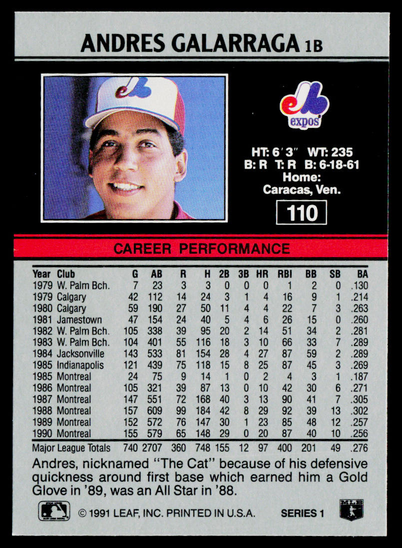 Andres Galarraga 1991 Leaf #110 Montreal Expos