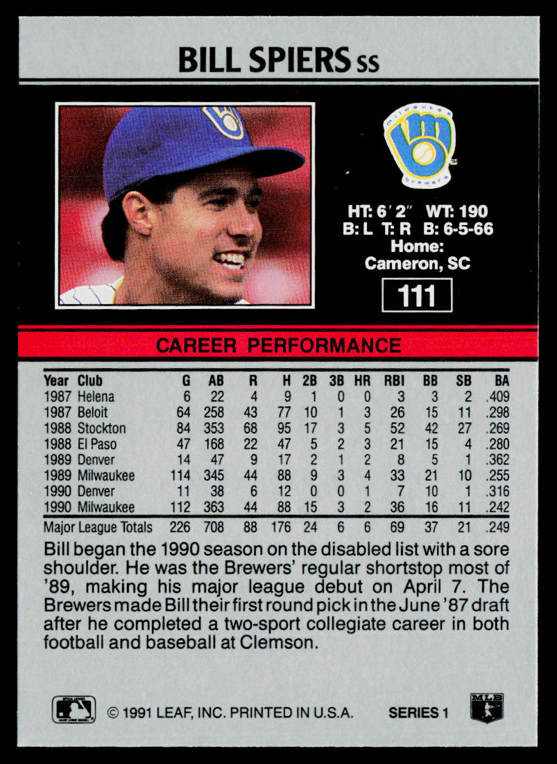 Bill Spiers 1991 Leaf #111 Milwaukee Brewers