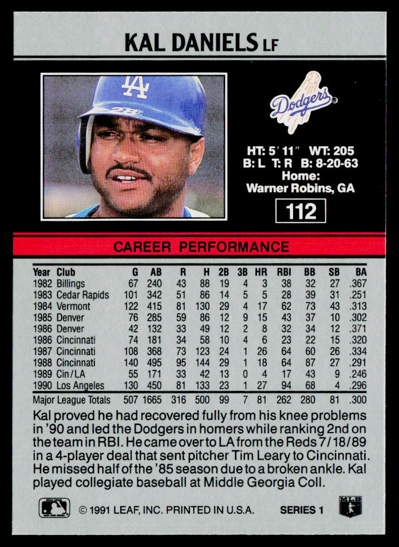 Kal Daniels 1991 Leaf #112 Los Angeles Dodgers