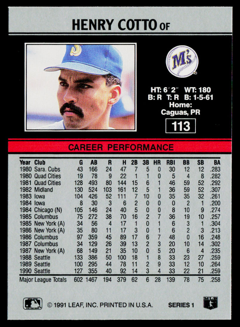 Henry Cotto 1991 Leaf #113 Seattle Mariners