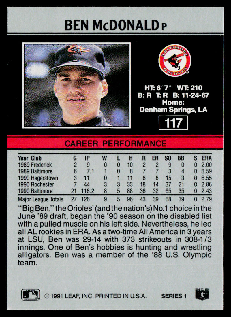 Ben McDonald 1991 Leaf #117 Baltimore Orioles