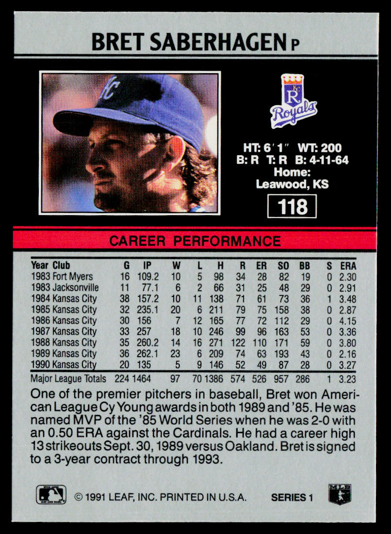 Bret Saberhagen 1991 Leaf #118 Kansas City Royals