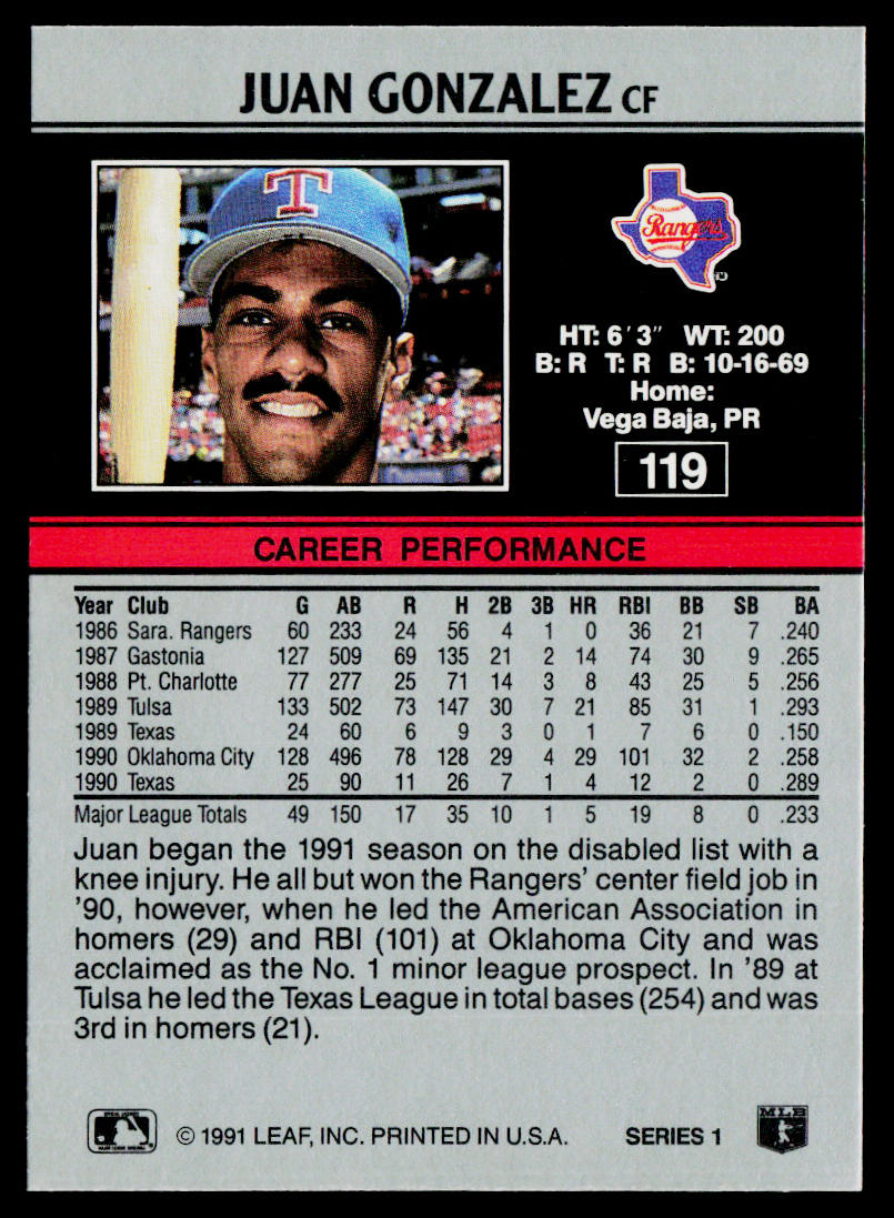 Juan Gonzalez 1991 Leaf #119 Texas Rangers