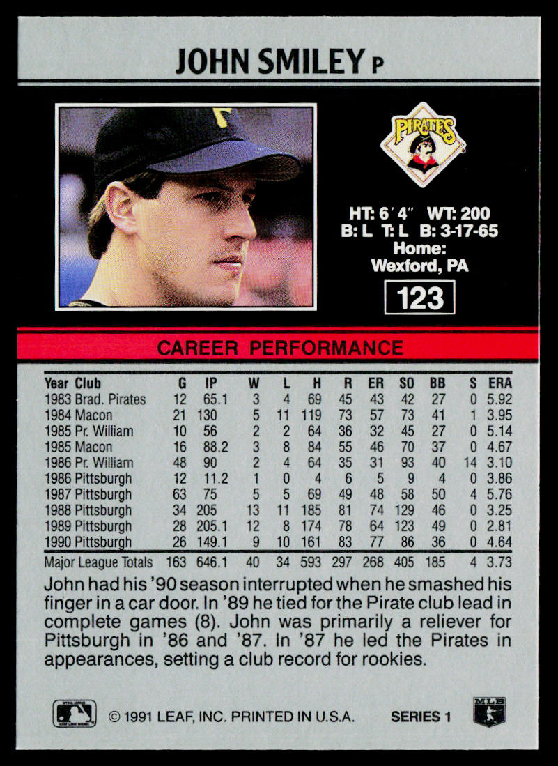 John Smiley 1991 Leaf #123 Pittsburgh Pirates
