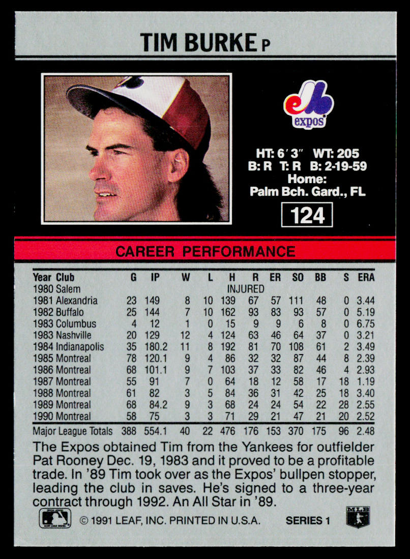Tim Burke 1991 Leaf #124 Montreal Expos