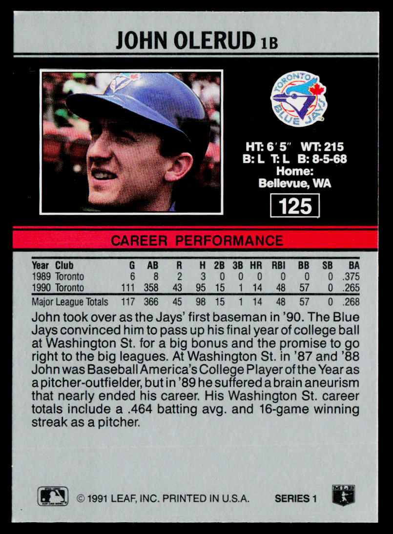 John Olerud 1991 Leaf #125 Toronto Blue Jays