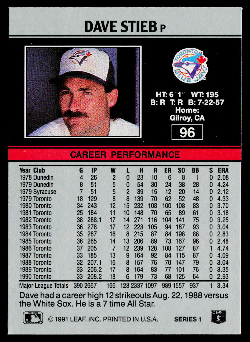 Dave Stieb 1991 Leaf #96 Toronto Blue Jays