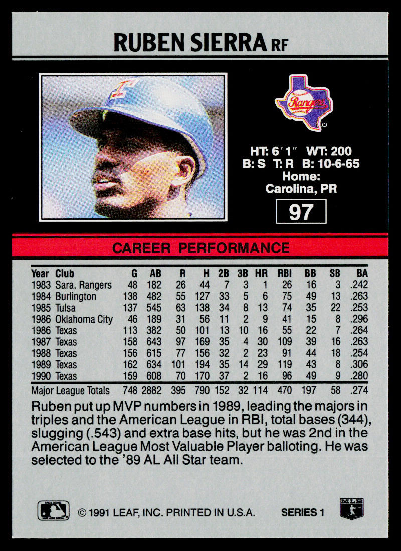 Ruben Sierra 1991 Leaf #97 Texas Rangers