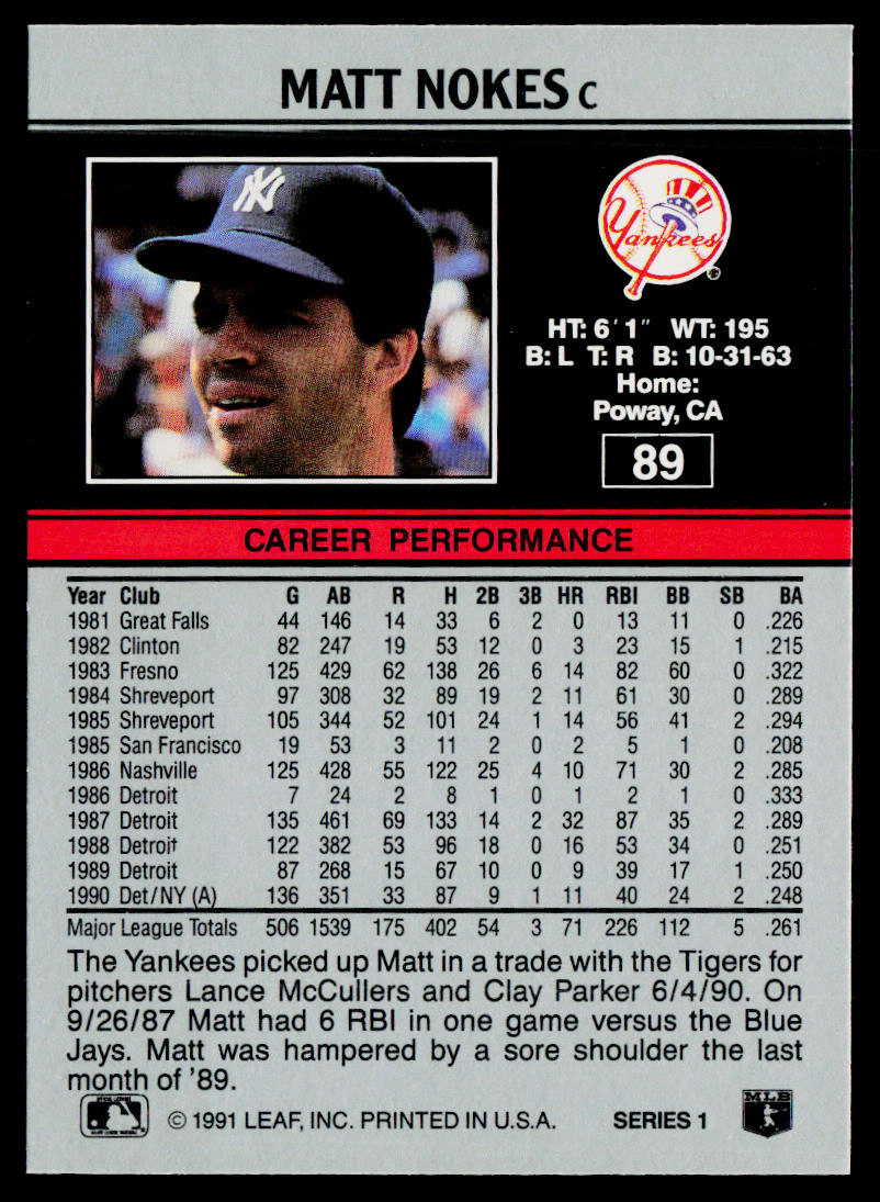 Matt Nokes 1991 Leaf #89 New York Yankees