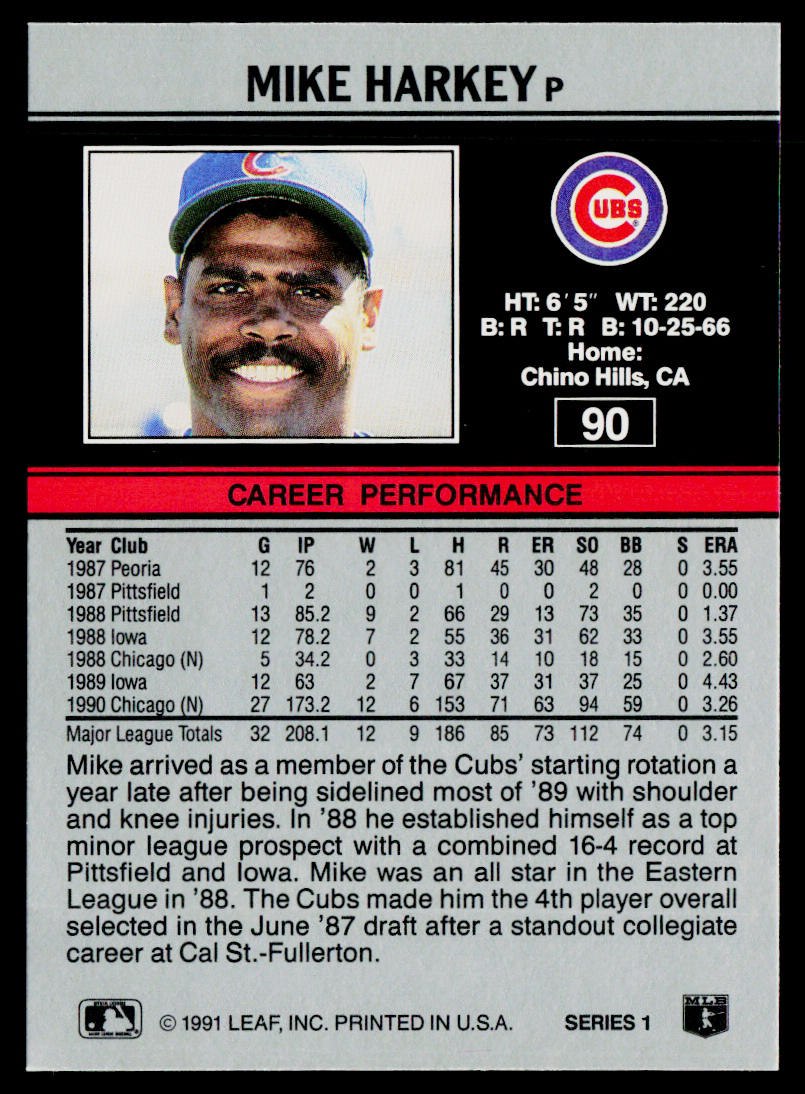 Mike Harkey 1991 Leaf #90 Chicago Cubs