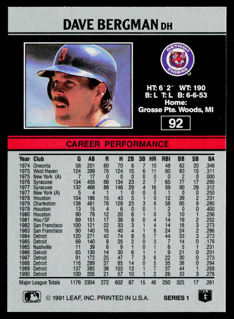 Dave Bergman 1991 Leaf #92 Detroit Tigers