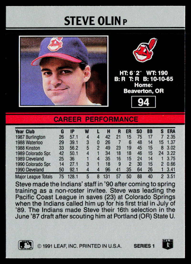 Steve Olin 1991 Leaf #94 Cleveland Indians