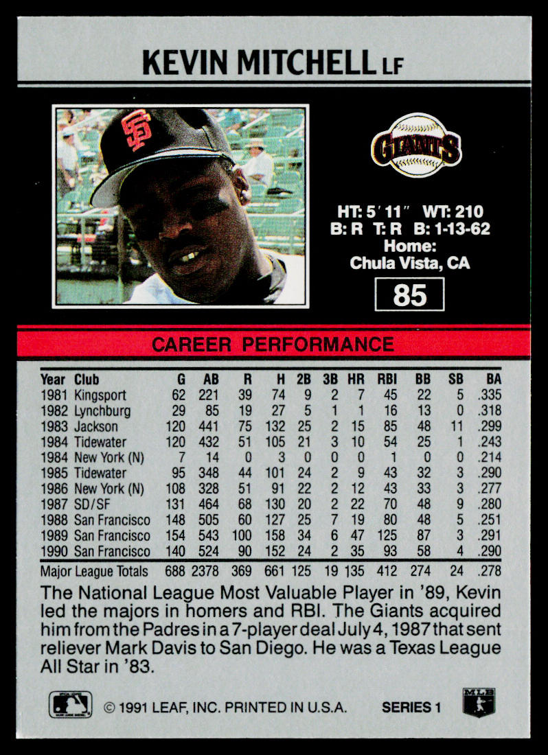 Kevin Mitchell 1991 Leaf #85 San Francisco Giants