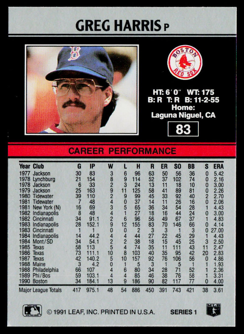 Greg Harris 1991 Leaf #83 Boston Red Sox