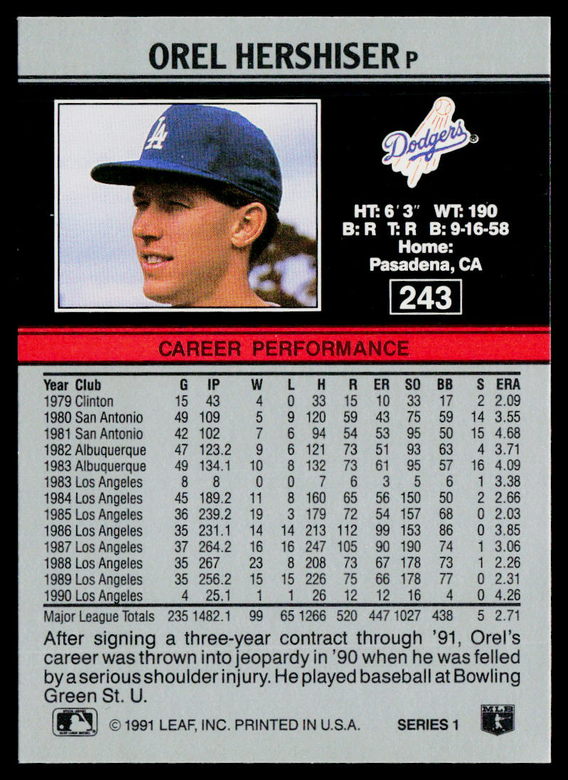 Orel Hershiser 1991 Leaf #243 Los Angeles Dodgers